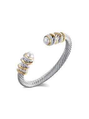 Anthropologie Two-Tone Silver and Gold Cable Cuff with Pearl Ends